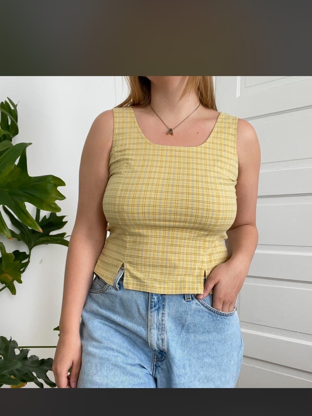 American Vintage Yellow Plaid Square-Neck Tank